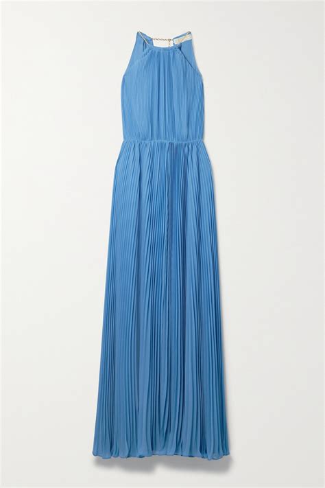 michael michael kors chain-embellished plissé-georgette halterneck maxi dress|MICHAEL KORS.